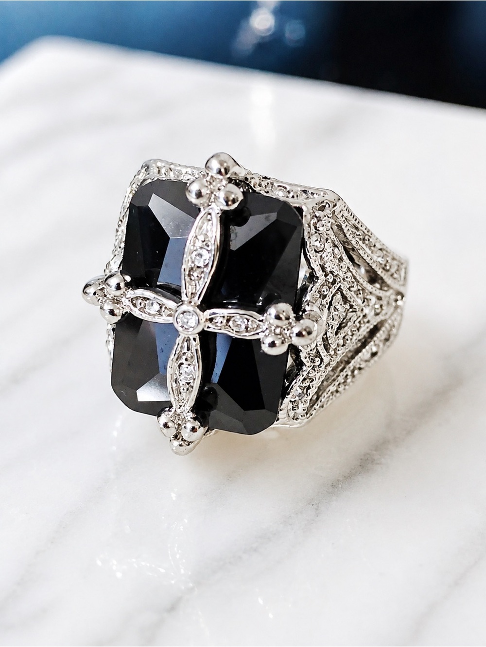 Vintage Inspired Black & Silver-Tone Statement Ring with Ornate Filigree Cross